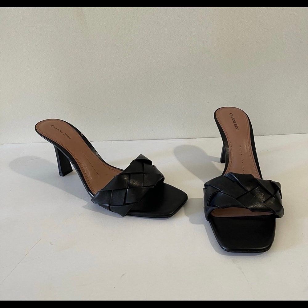 Gianni Bini Black Square Toe Woven Leather Heeled Mules Sandals